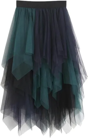 Women's Tulle Skirt Asymmetrical Pleated Elastic High Waist Layered Tutu Skirt Casual Cocktail Party A-Line Mesh Midi Skirt