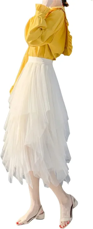 Women's Tulle Skirt Asymmetrical Pleated Elastic High Waist Layered Tutu Skirt Casual Cocktail Party A-Line Mesh Midi Skirt