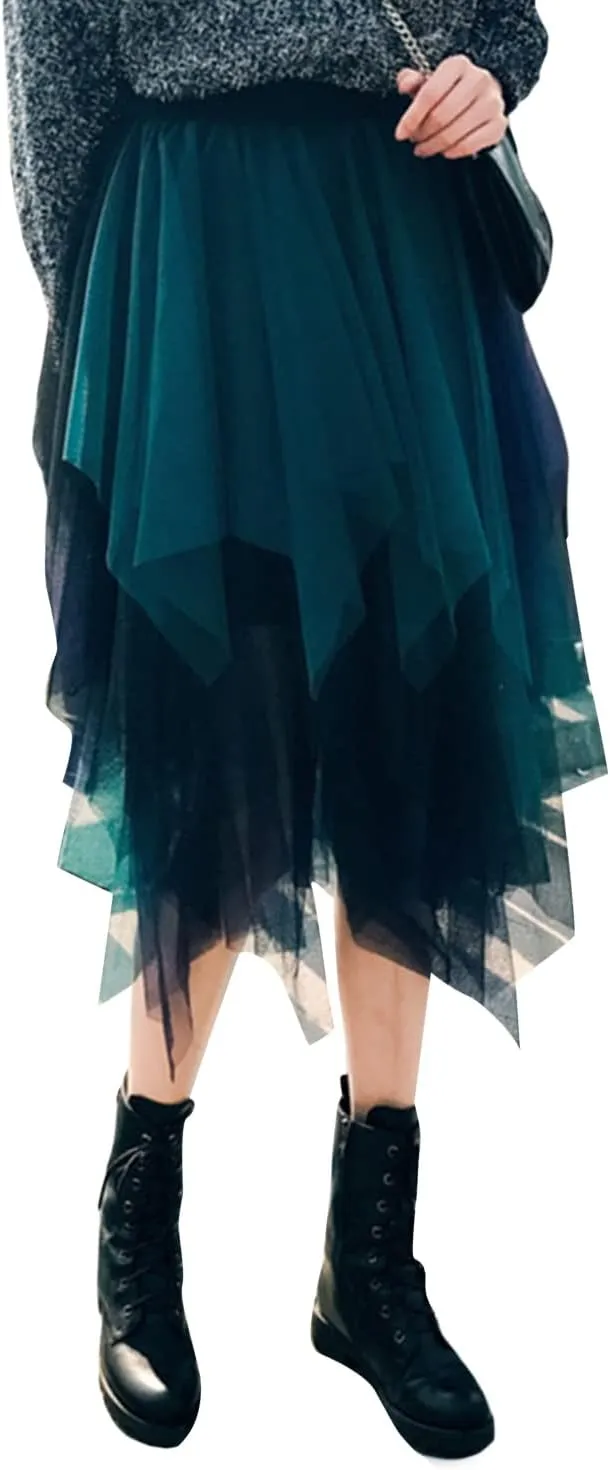 Women's Tulle Skirt Asymmetrical Pleated Elastic High Waist Layered Tutu Skirt Casual Cocktail Party A-Line Mesh Midi Skirt