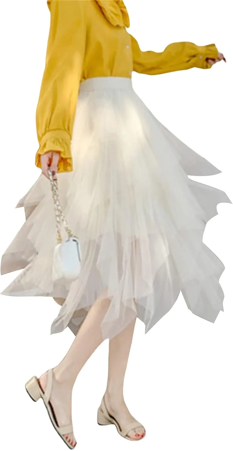 Women's Tulle Skirt Asymmetrical Pleated Elastic High Waist Layered Tutu Skirt Casual Cocktail Party A-Line Mesh Midi Skirt