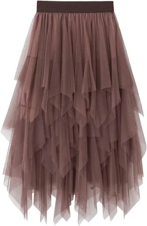 Women's Tulle Skirt Asymmetrical Pleated Elastic High Waist Layered Tutu Skirt Casual Cocktail Party A-Line Mesh Midi Skirt