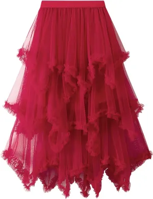 Women's Tulle Skirt Asymmetrical Pleated Elastic High Waist Layered Tutu Skirt Casual Cocktail Party A-Line Mesh Midi Skirt
