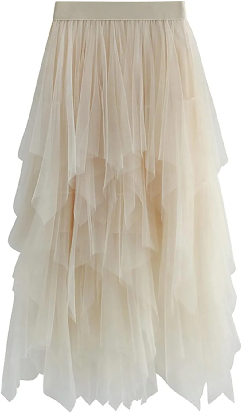 Women's Tulle Skirt Asymmetrical Pleated Elastic High Waist Layered Tutu Skirt Casual Cocktail Party A-Line Mesh Midi Skirt