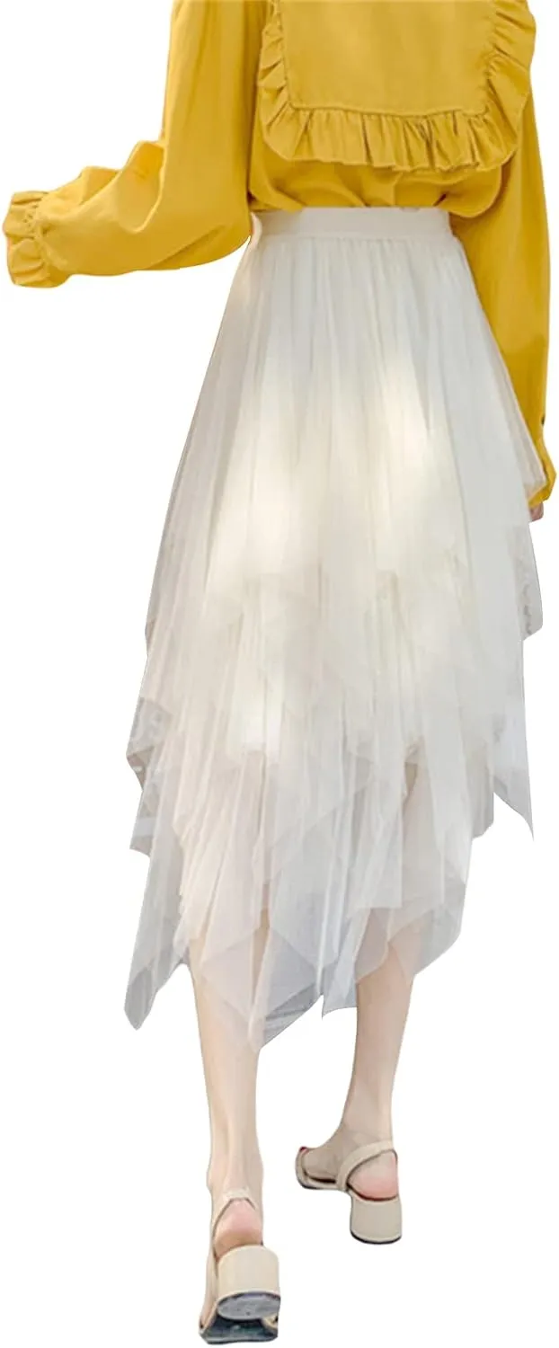 Women's Tulle Skirt Asymmetrical Pleated Elastic High Waist Layered Tutu Skirt Casual Cocktail Party A-Line Mesh Midi Skirt
