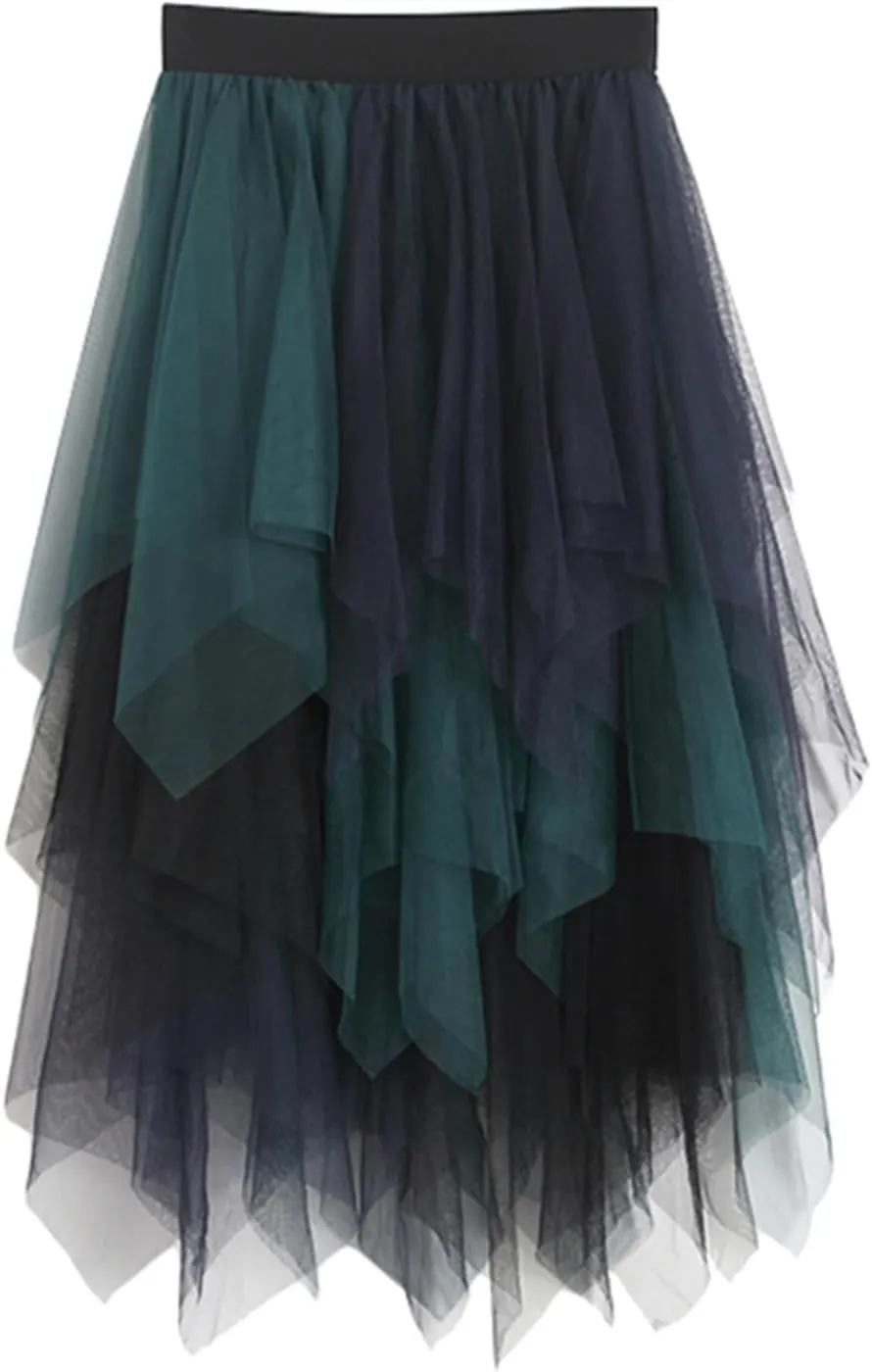 Women's Tulle Skirt Asymmetrical Pleated Elastic High Waist Layered Tutu Skirt Casual Cocktail Party A-Line Mesh Midi Skirt