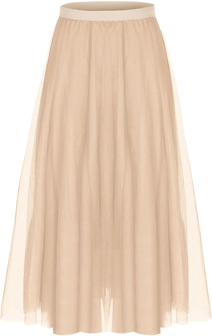 Womens Tulle Skirt Elegant Pleated Skirts for Women Midi Length Elastic Waist Skirts Party Evening A Line Tutu Skirts