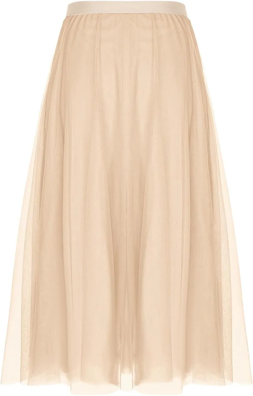 Womens Tulle Skirt Elegant Pleated Skirts for Women Midi Length Elastic Waist Skirts Party Evening A Line Tutu Skirts