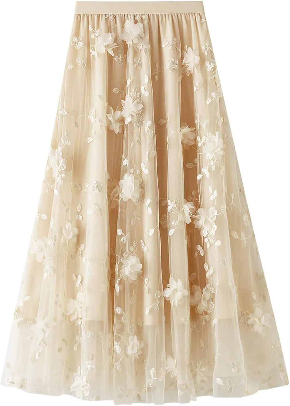Women's Tulle Skirts 3D Floral Embroidery Lace Layered Elastic High Waist Tutu Midi Skirt Pleated Mesh A-Line Skirt