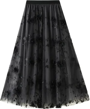 Women's Tulle Skirts 3D Floral Embroidery Lace Layered Elastic High Waist Tutu Midi Skirt Pleated Mesh A-Line Skirt