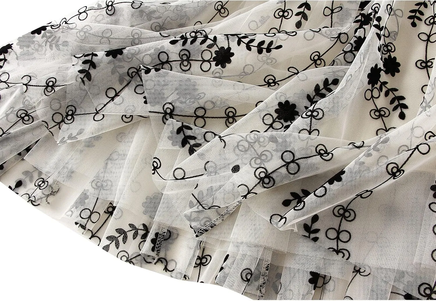 Women's Tulle Skirts 3D Floral Embroidery Lace Layered Elastic High Waist Tutu Midi Skirt Pleated Mesh A-Line Skirt