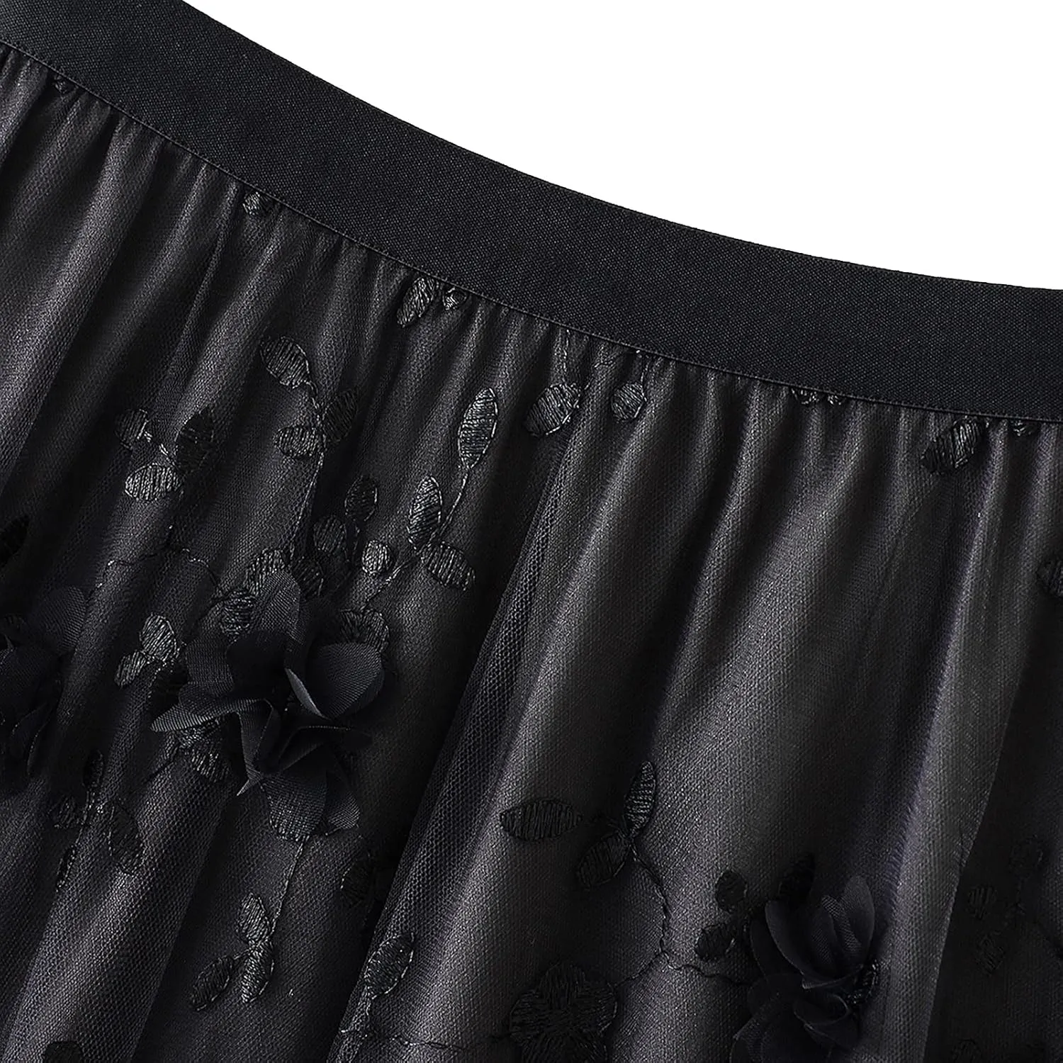 Women's Tulle Skirts 3D Floral Embroidery Lace Layered Elastic High Waist Tutu Midi Skirt Pleated Mesh A-Line Skirt