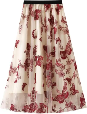 Women's Tulle Skirts 3D Floral Embroidery Lace Layered Elastic High Waist Tutu Midi Skirt Pleated Mesh A-Line Skirt