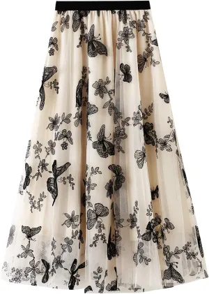 Women's Tulle Skirts 3D Floral Embroidery Lace Layered Elastic High Waist Tutu Midi Skirt Pleated Mesh A-Line Skirt