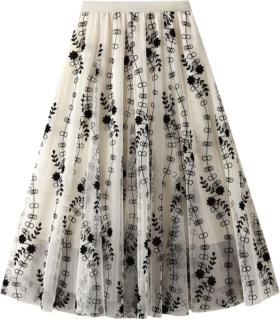 Women's Tulle Skirts 3D Floral Embroidery Lace Layered Elastic High Waist Tutu Midi Skirt Pleated Mesh A-Line Skirt