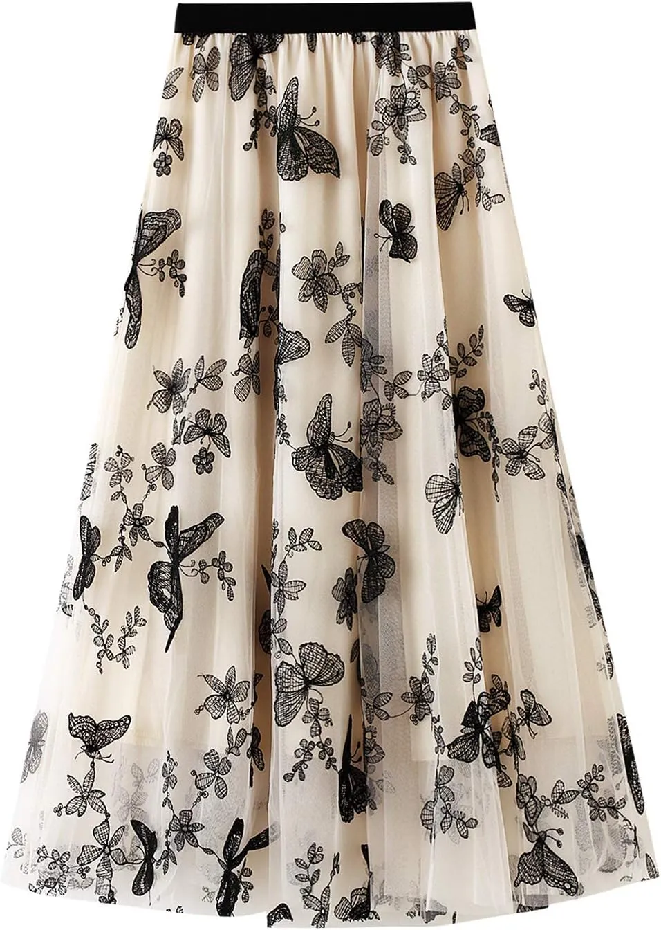 Women's Tulle Skirts 3D Floral Embroidery Lace Layered Elastic High Waist Tutu Midi Skirt Pleated Mesh A-Line Skirt