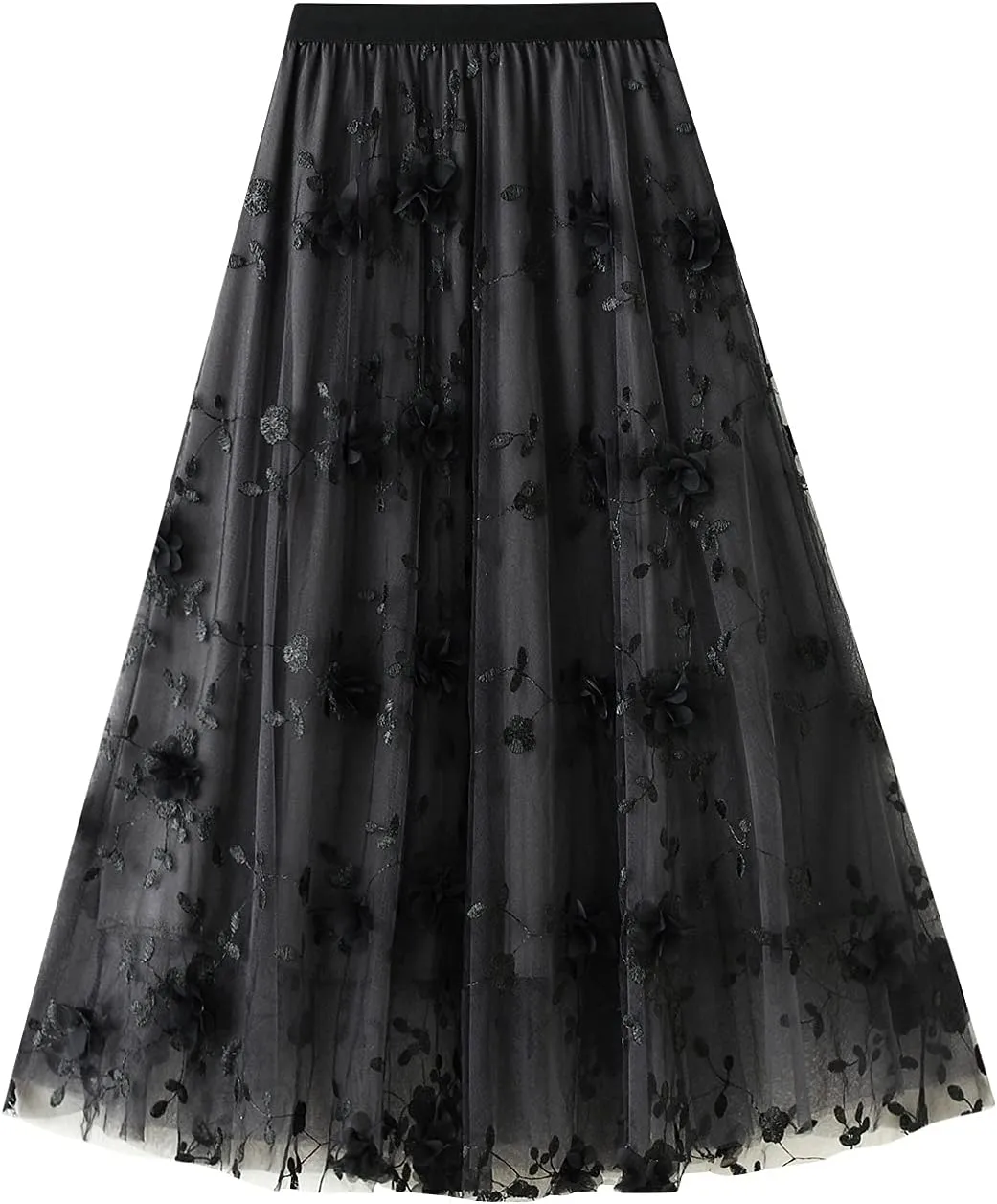 Women's Tulle Skirts 3D Floral Embroidery Lace Layered Elastic High Waist Tutu Midi Skirt Pleated Mesh A-Line Skirt