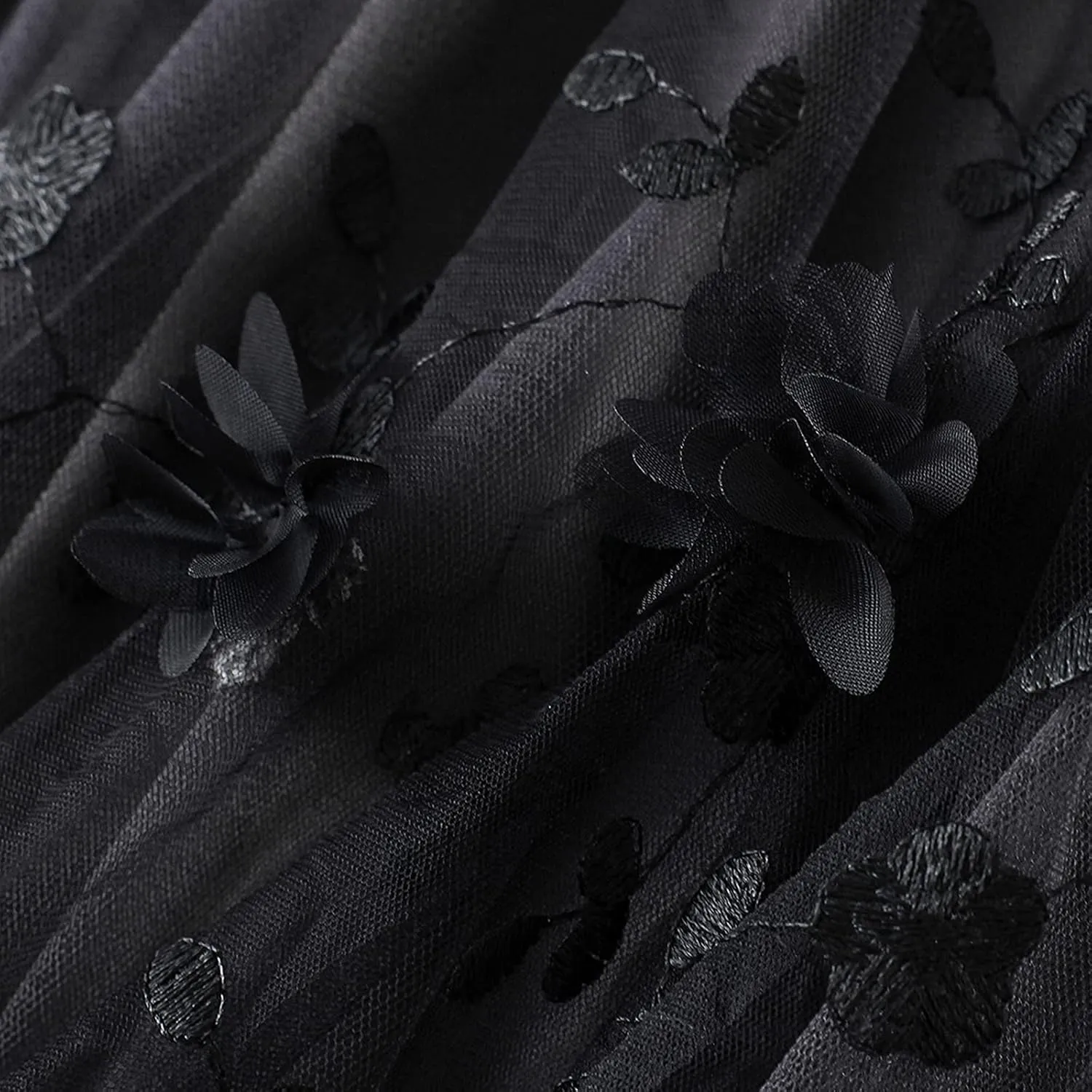 Women's Tulle Skirts 3D Floral Embroidery Lace Layered Elastic High Waist Tutu Midi Skirt Pleated Mesh A-Line Skirt