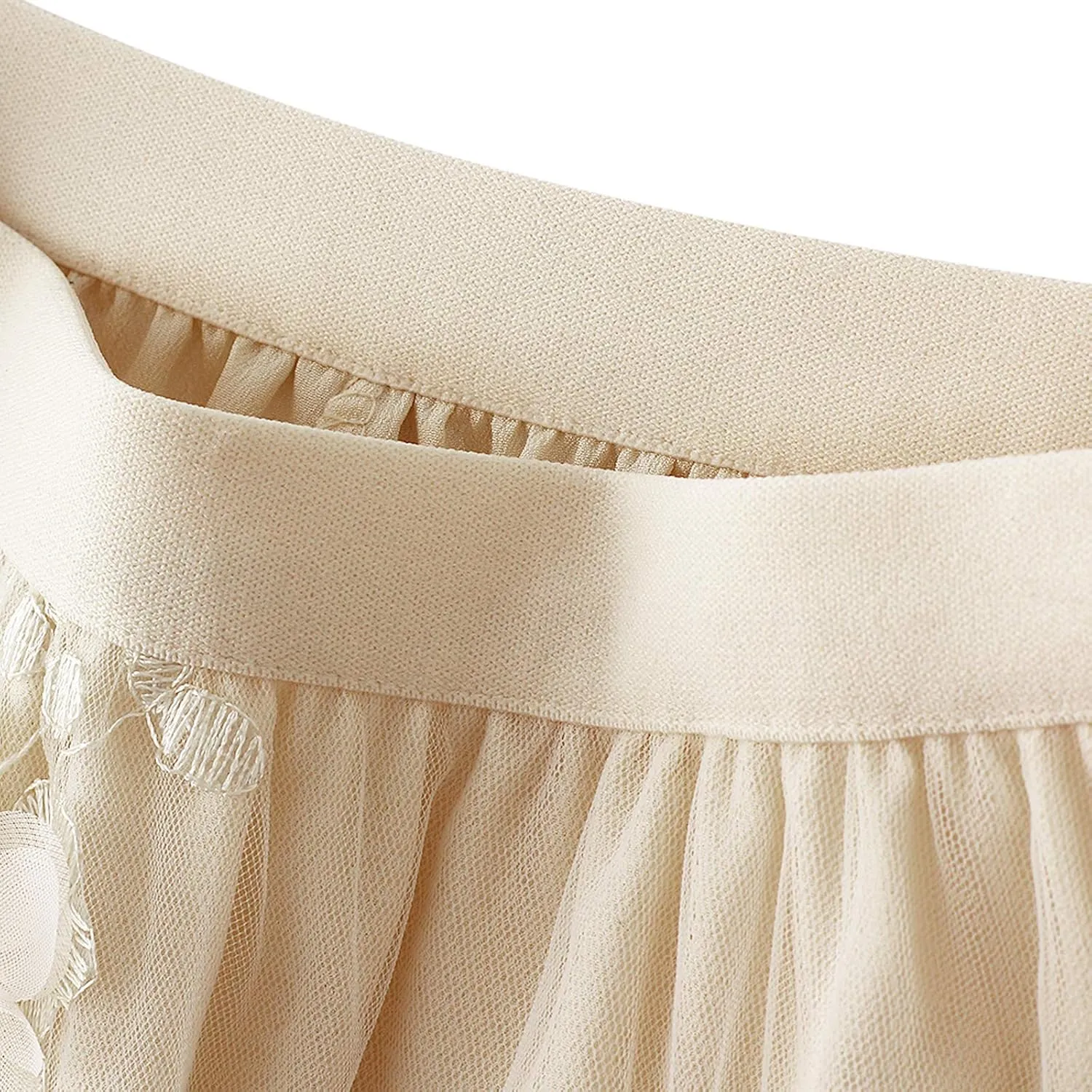 Women's Tulle Skirts 3D Floral Embroidery Lace Layered Elastic High Waist Tutu Midi Skirt Pleated Mesh A-Line Skirt