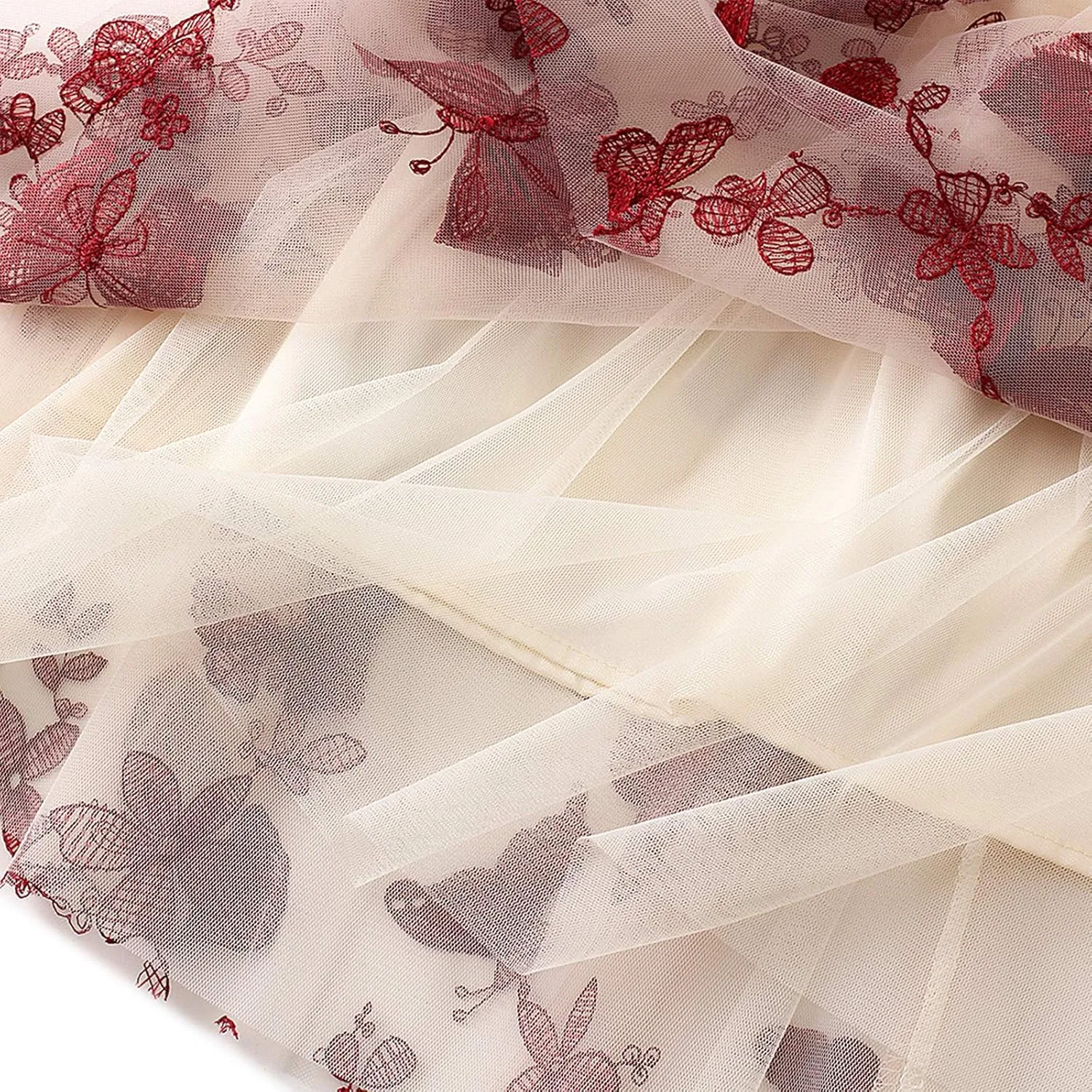Women's Tulle Skirts 3D Floral Embroidery Lace Layered Elastic High Waist Tutu Midi Skirt Pleated Mesh A-Line Skirt