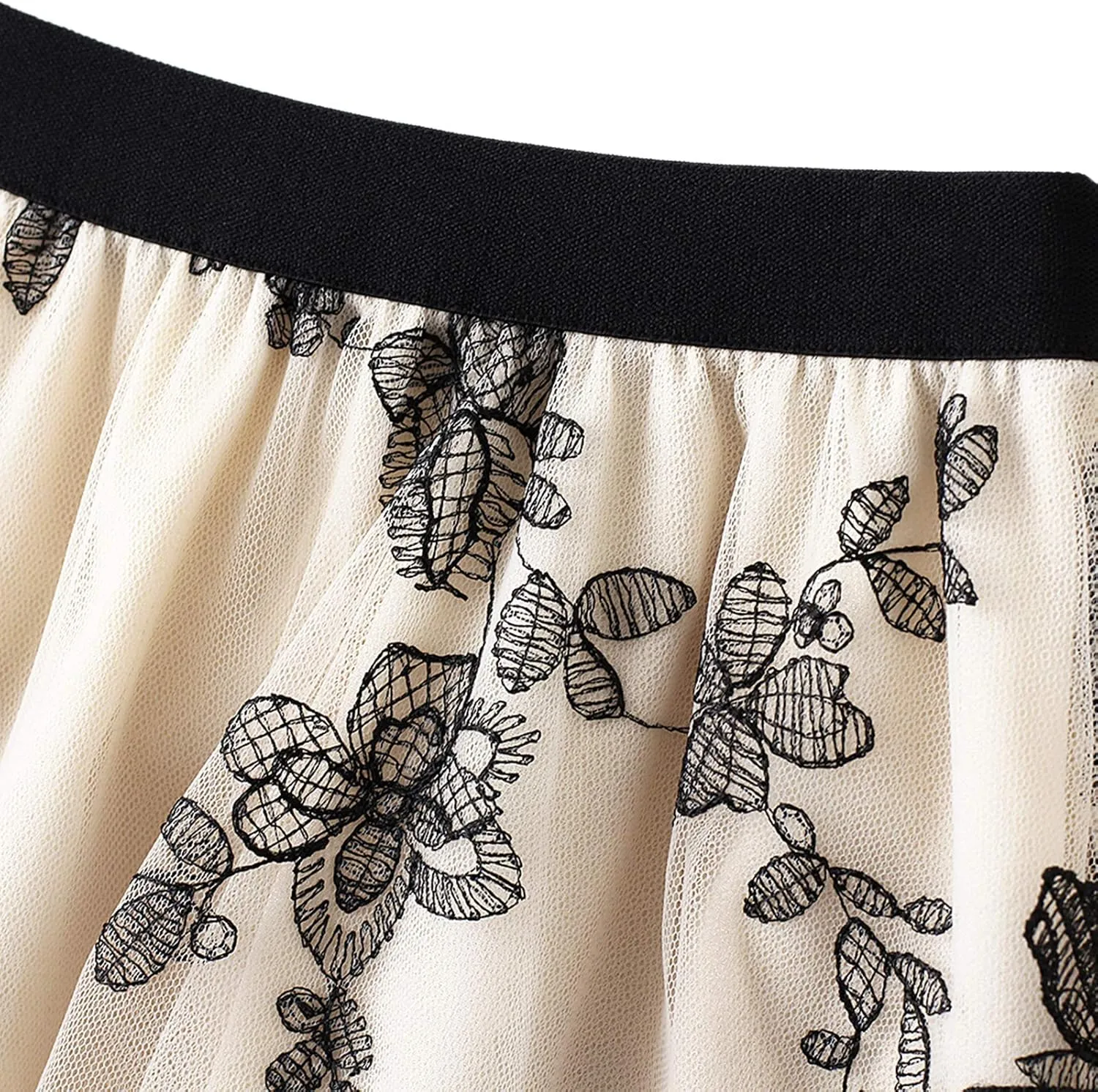 Women's Tulle Skirts 3D Floral Embroidery Lace Layered Elastic High Waist Tutu Midi Skirt Pleated Mesh A-Line Skirt