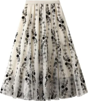 Women's Tulle Skirts 3D Floral Embroidery Lace Layered Elastic High Waist Tutu Midi Skirt Pleated Mesh A-Line Skirt