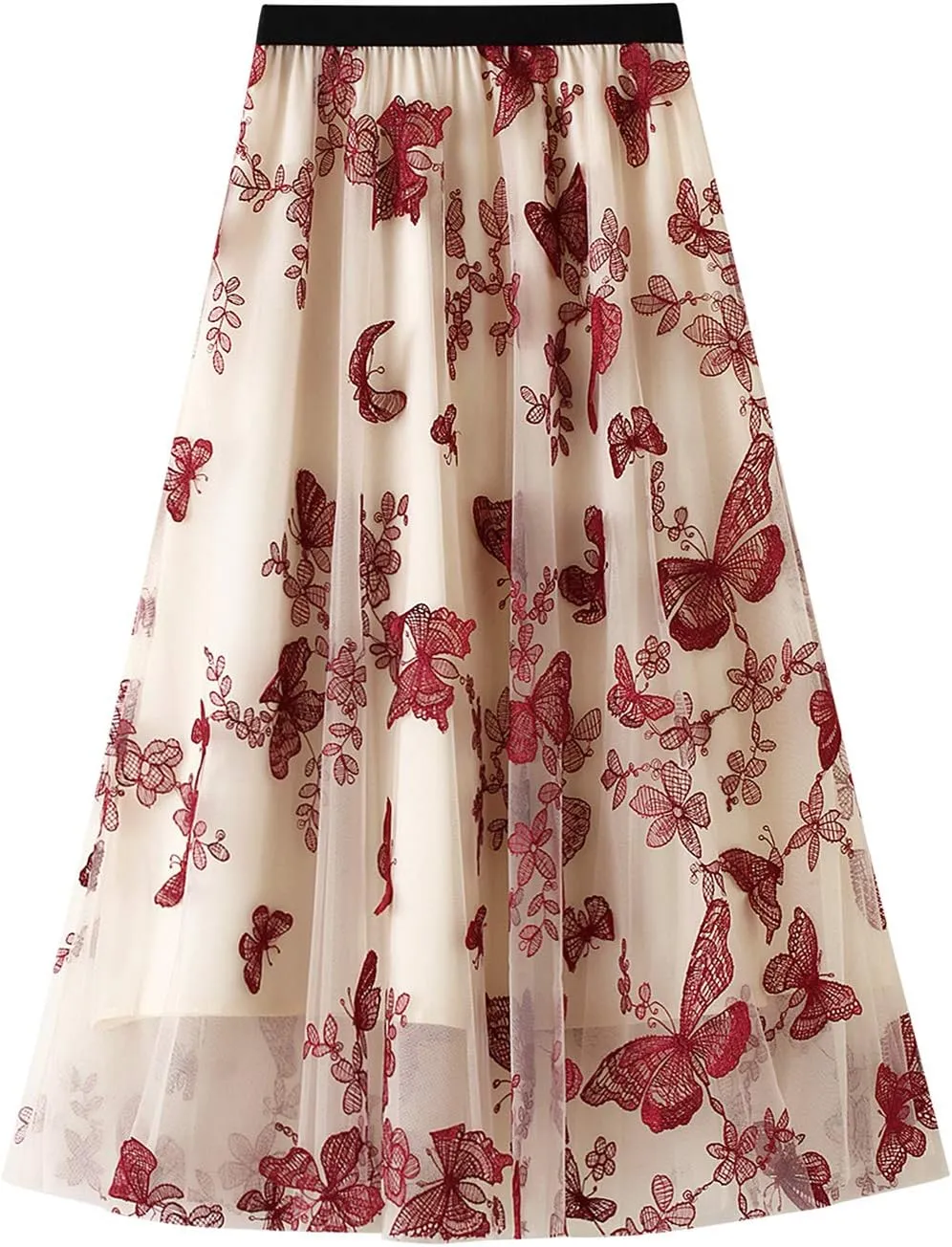 Women's Tulle Skirts 3D Floral Embroidery Lace Layered Elastic High Waist Tutu Midi Skirt Pleated Mesh A-Line Skirt