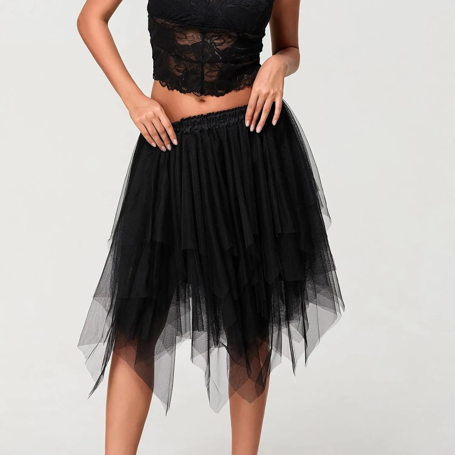 Women's Tulle Skirts Asymmetrical Pleated Tutu Midi Skirt Casual Cocktail Party High Elastic Waist Halloween Skirts