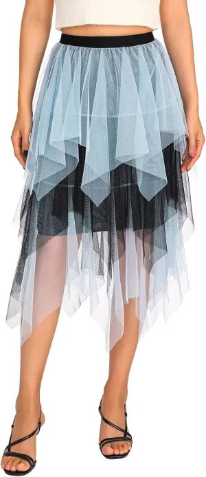 Women's Tulle Skirts Asymmetrical Pleated Tutu Midi Skirt Casual Cocktail Party High Elastic Waist Halloween Skirts