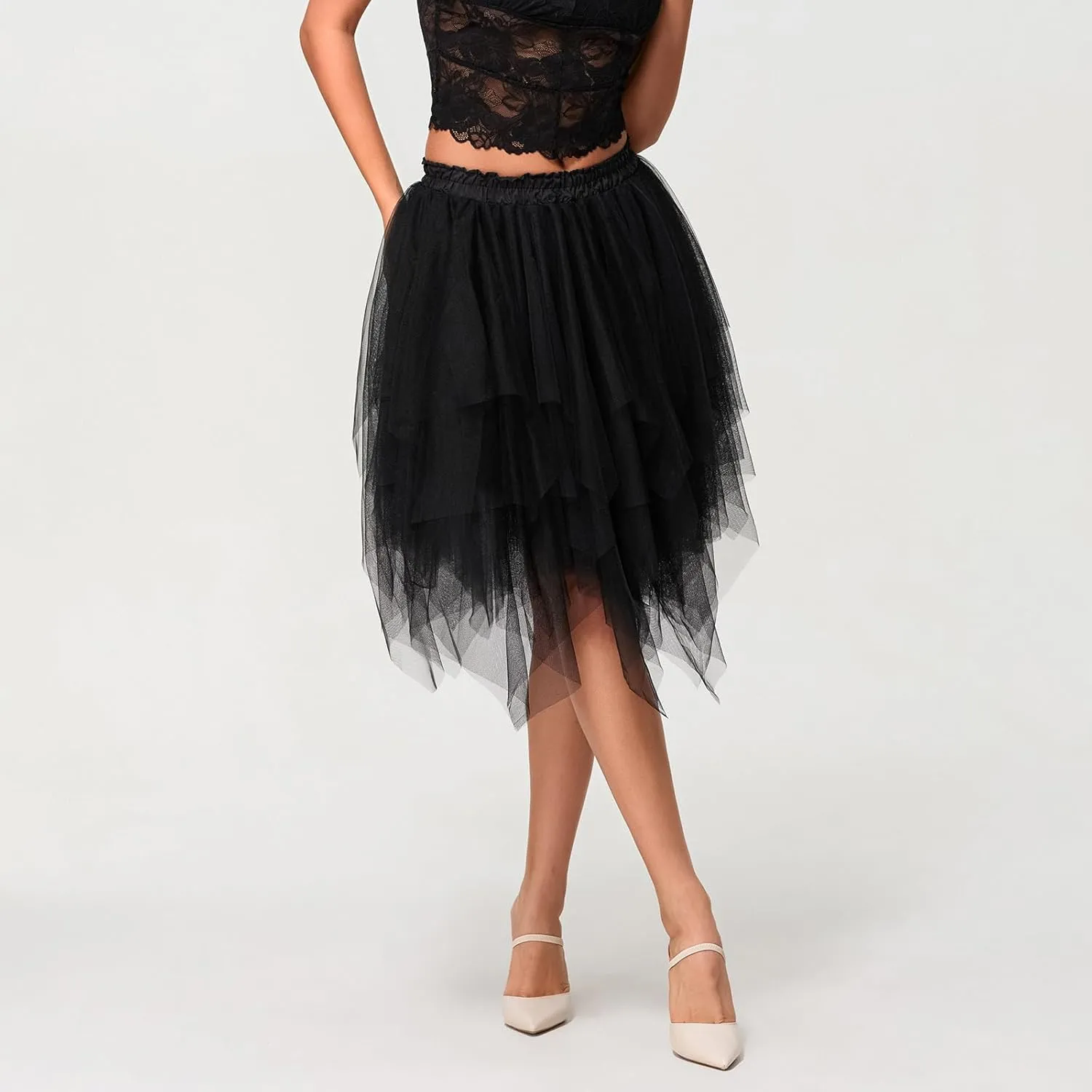 Women's Tulle Skirts Asymmetrical Pleated Tutu Midi Skirt Casual Cocktail Party High Elastic Waist Halloween Skirts
