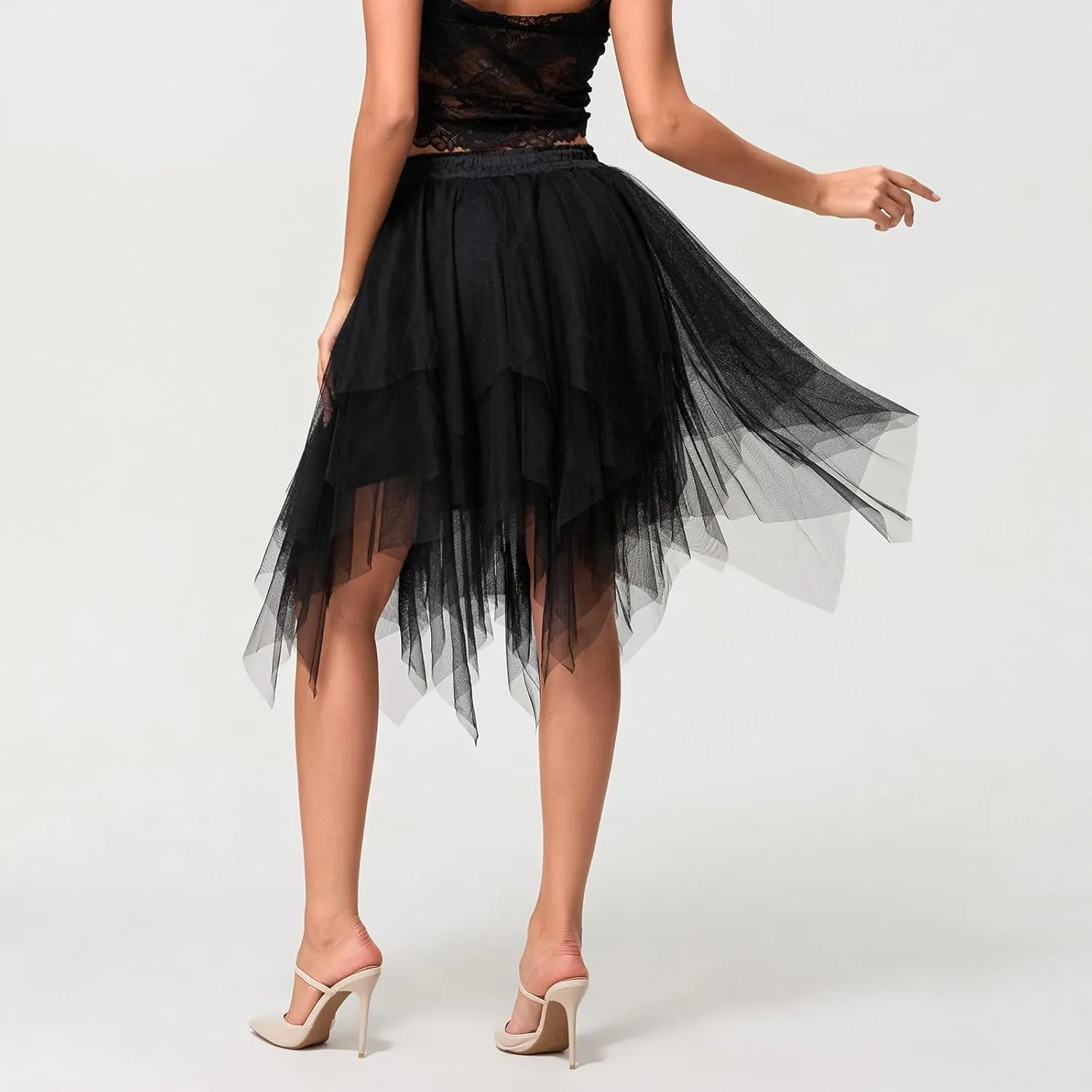 Women's Tulle Skirts Asymmetrical Pleated Tutu Midi Skirt Casual Cocktail Party High Elastic Waist Halloween Skirts