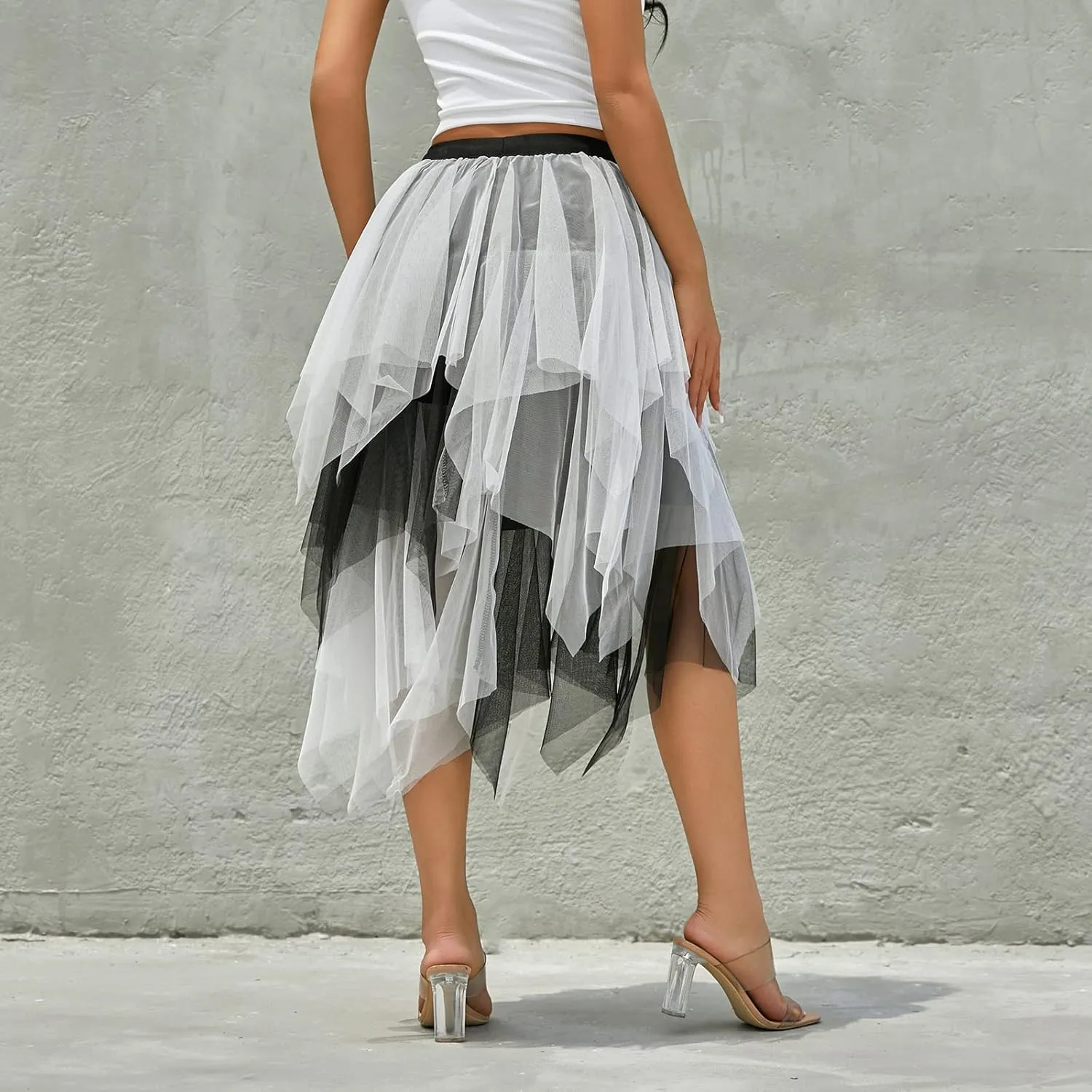 Women's Tulle Skirts Asymmetrical Pleated Tutu Midi Skirt Casual Cocktail Party High Elastic Waist Halloween Skirts