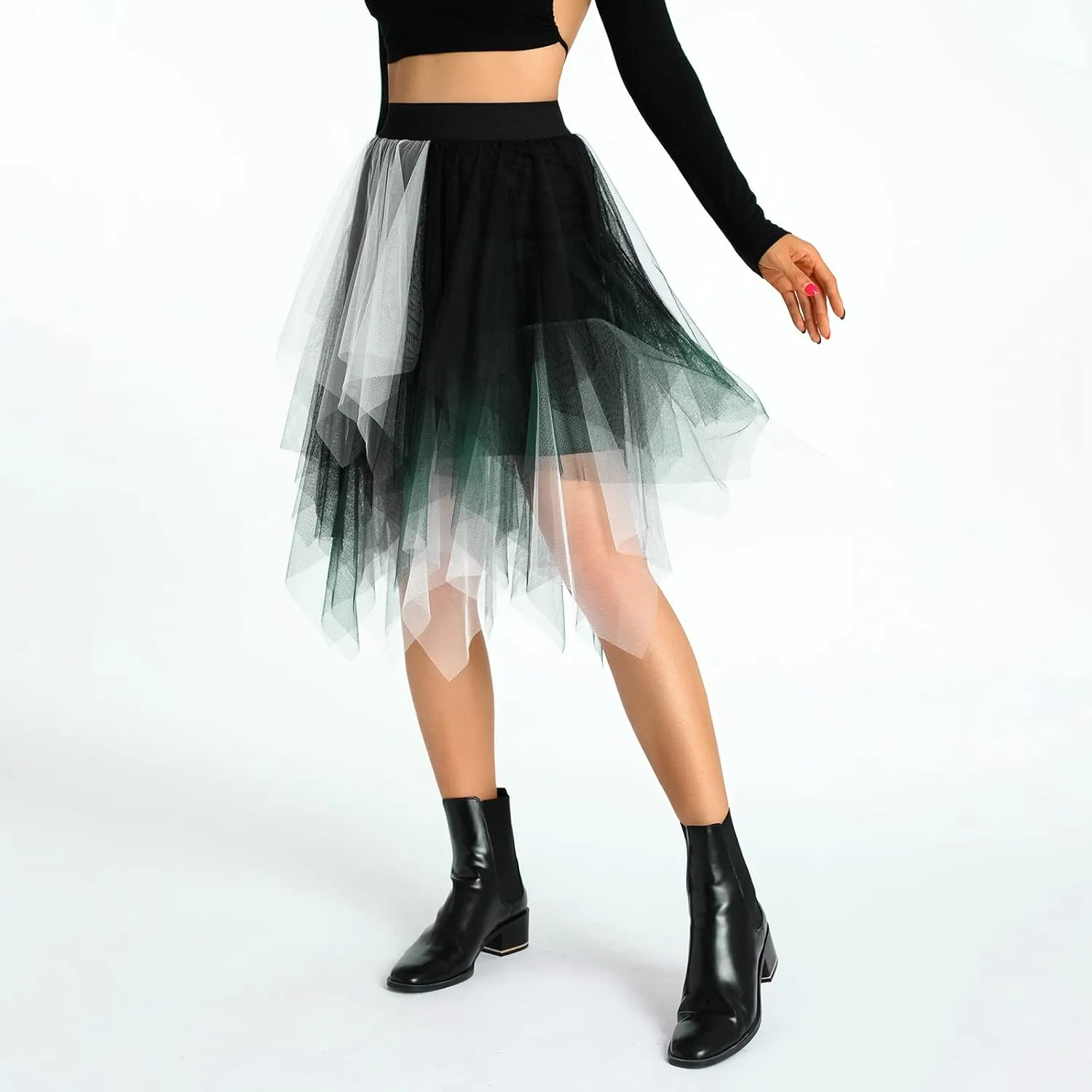 Women's Tulle Skirts Asymmetrical Pleated Tutu Midi Skirt Casual Cocktail Party High Elastic Waist Halloween Skirts
