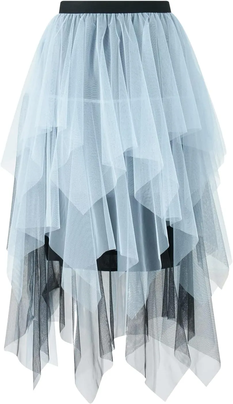 Women's Tulle Skirts Asymmetrical Pleated Tutu Midi Skirt Casual Cocktail Party High Elastic Waist Halloween Skirts