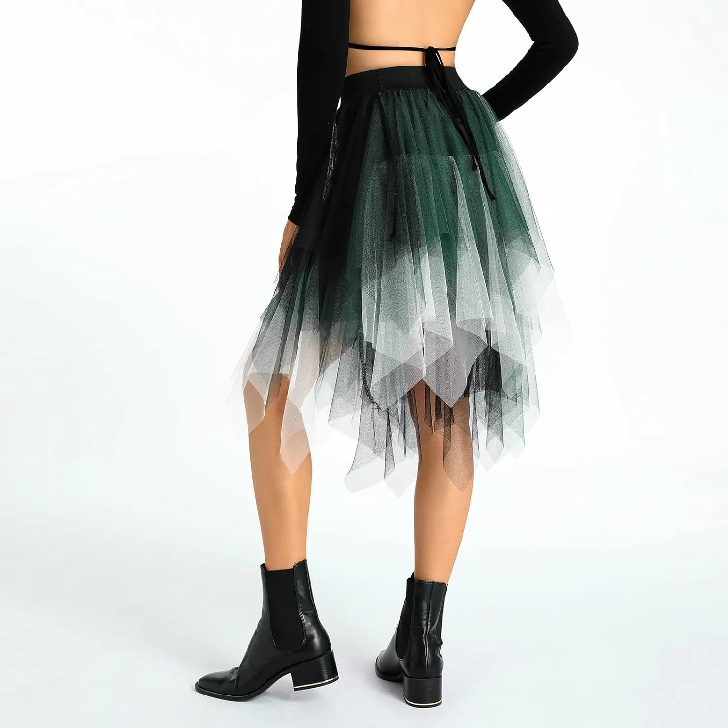 Women's Tulle Skirts Asymmetrical Pleated Tutu Midi Skirt Casual Cocktail Party High Elastic Waist Halloween Skirts