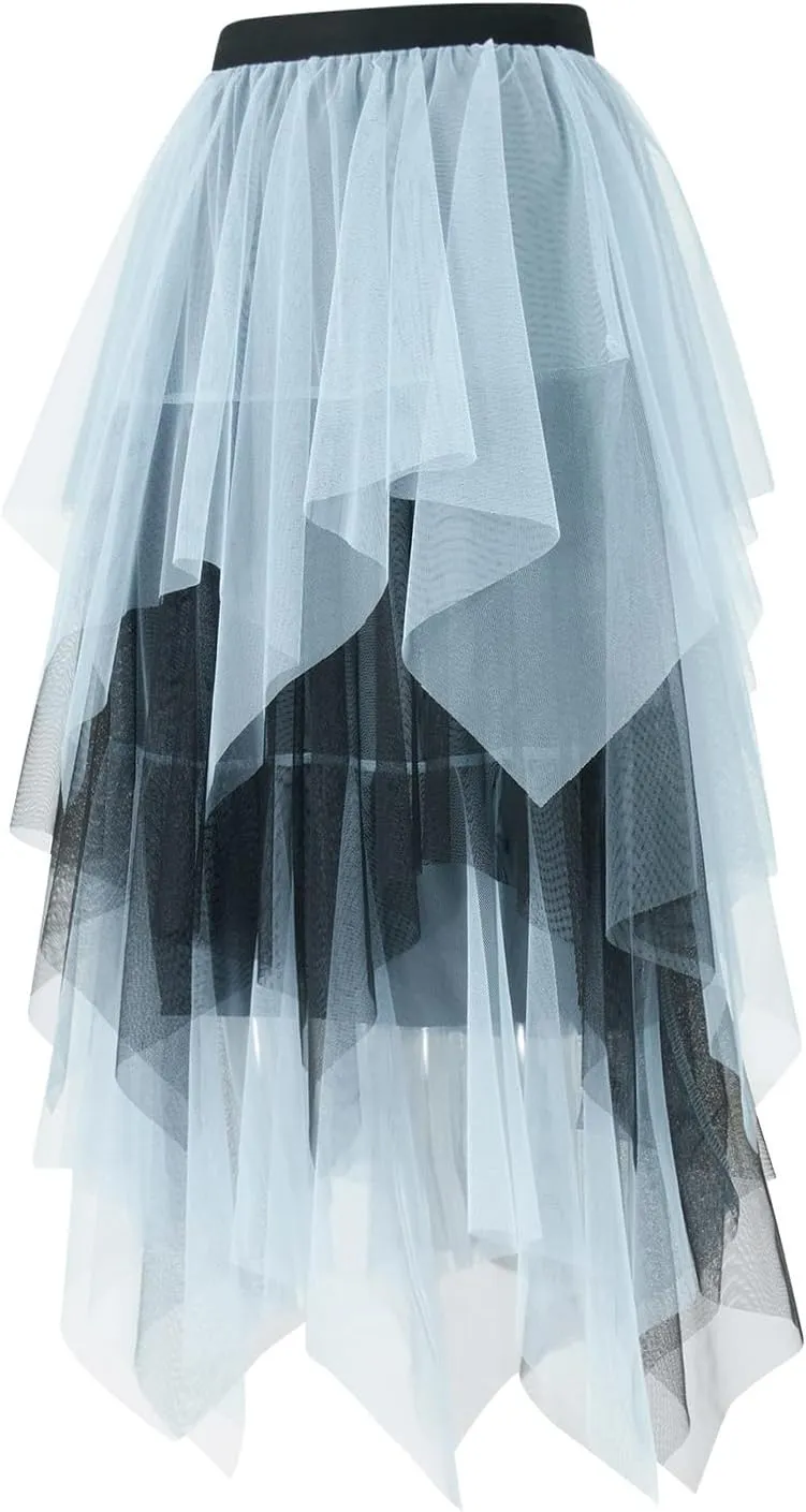 Women's Tulle Skirts Asymmetrical Pleated Tutu Midi Skirt Casual Cocktail Party High Elastic Waist Halloween Skirts