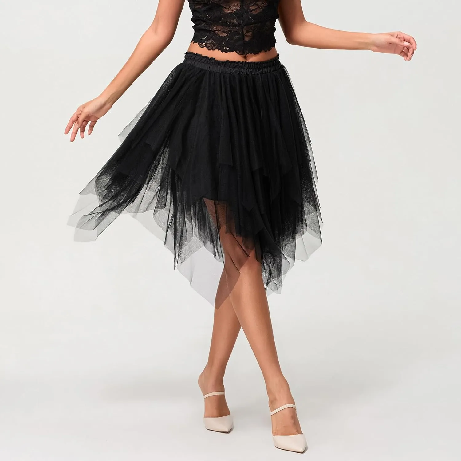 Women's Tulle Skirts Asymmetrical Pleated Tutu Midi Skirt Casual Cocktail Party High Elastic Waist Halloween Skirts