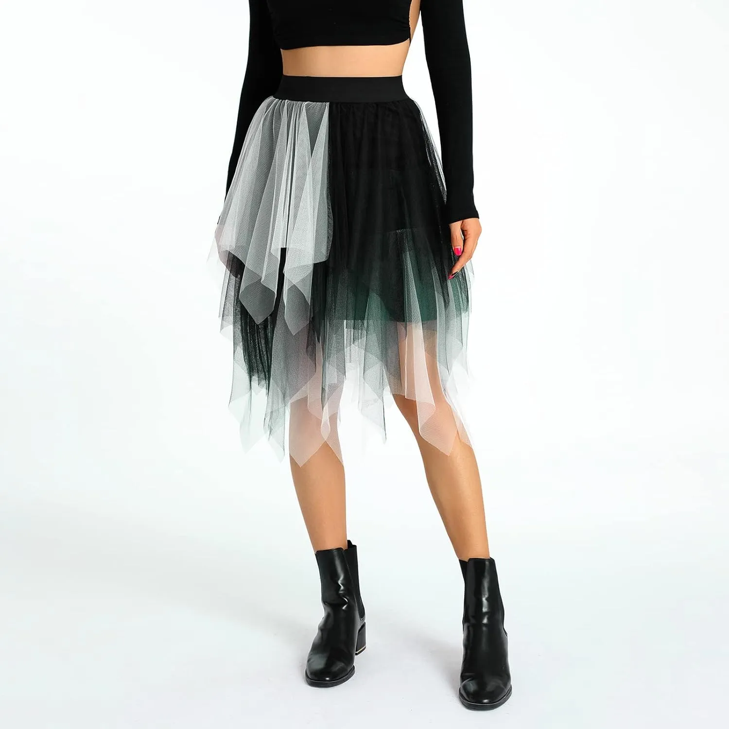Women's Tulle Skirts Asymmetrical Pleated Tutu Midi Skirt Casual Cocktail Party High Elastic Waist Halloween Skirts