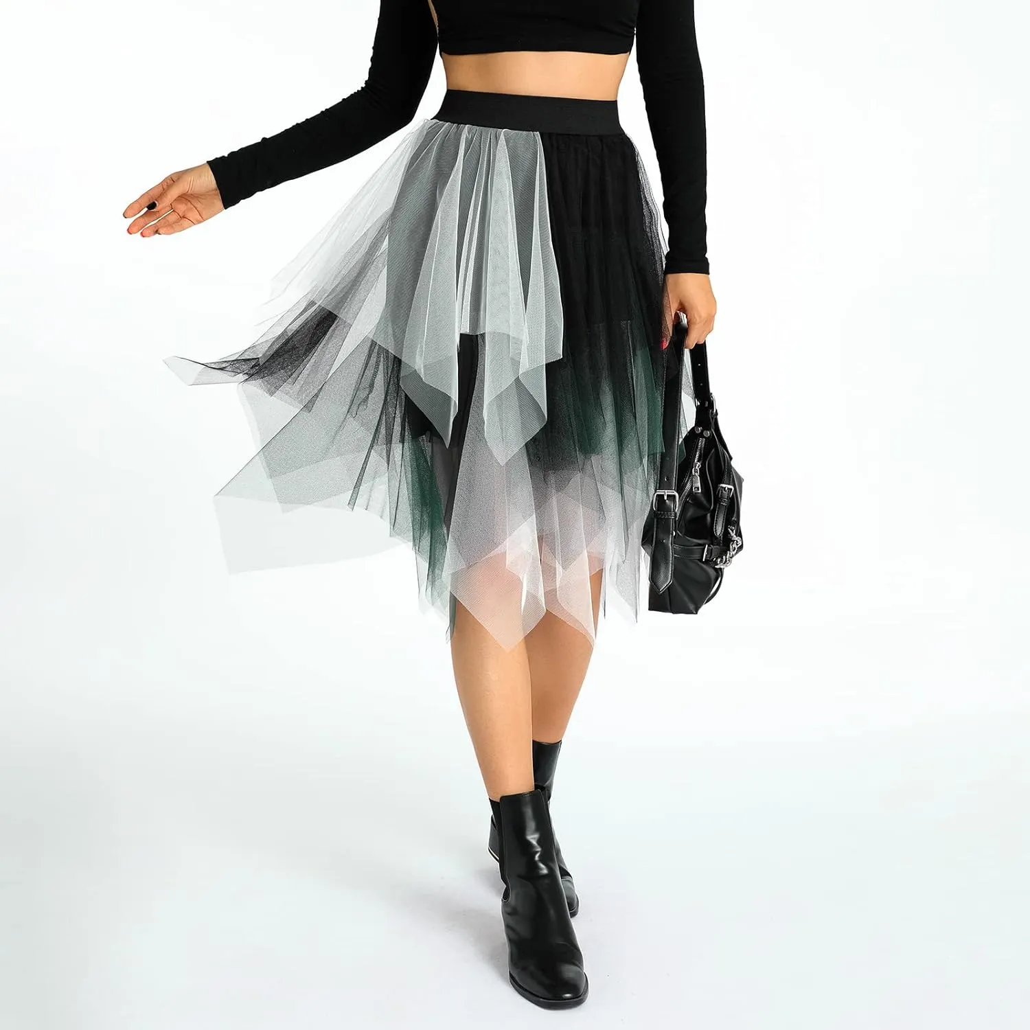 Women's Tulle Skirts Asymmetrical Pleated Tutu Midi Skirt Casual Cocktail Party High Elastic Waist Halloween Skirts