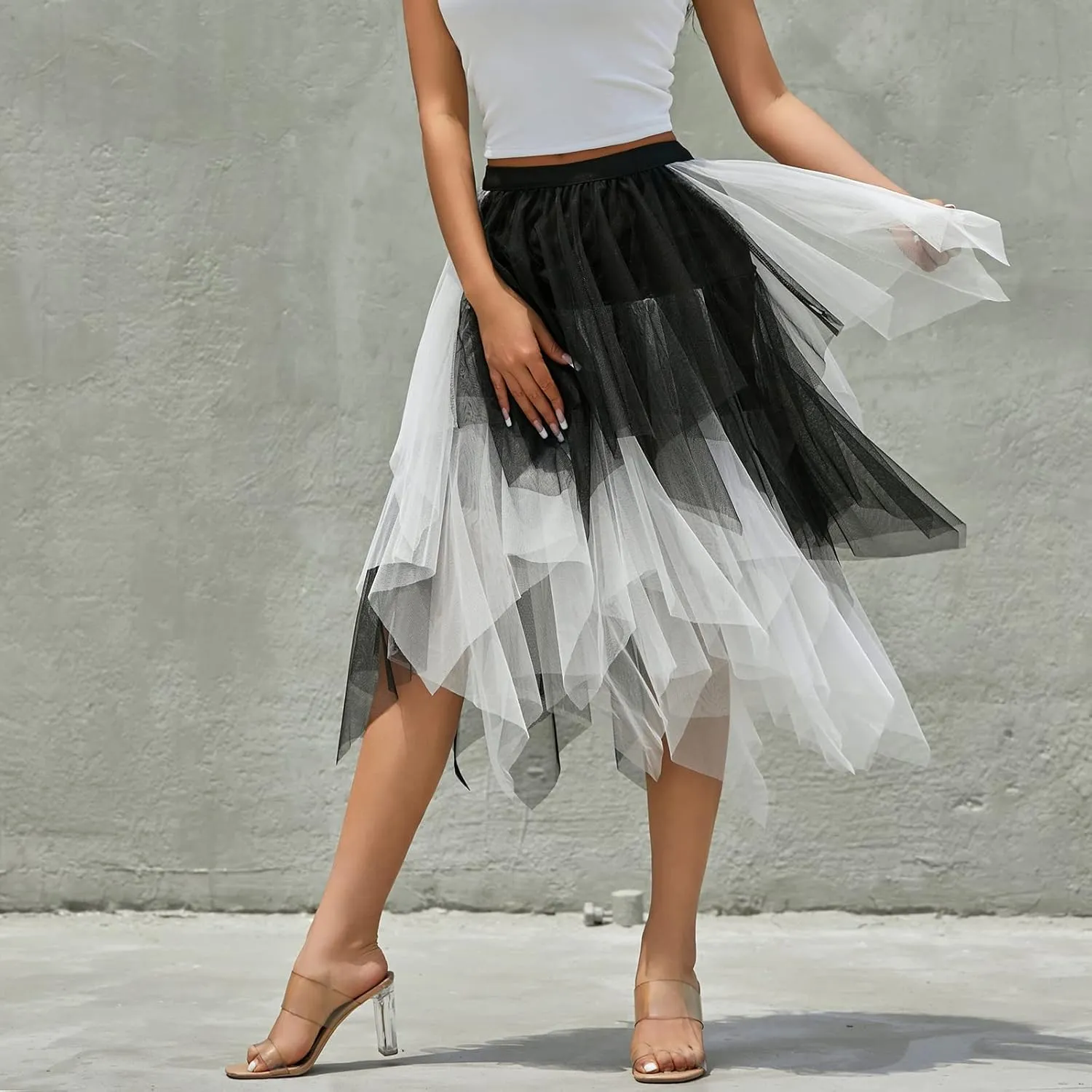 Women's Tulle Skirts Asymmetrical Pleated Tutu Midi Skirt Casual Cocktail Party High Elastic Waist Halloween Skirts