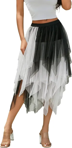 Women's Tulle Skirts Asymmetrical Pleated Tutu Midi Skirt Casual Cocktail Party High Elastic Waist Halloween Skirts