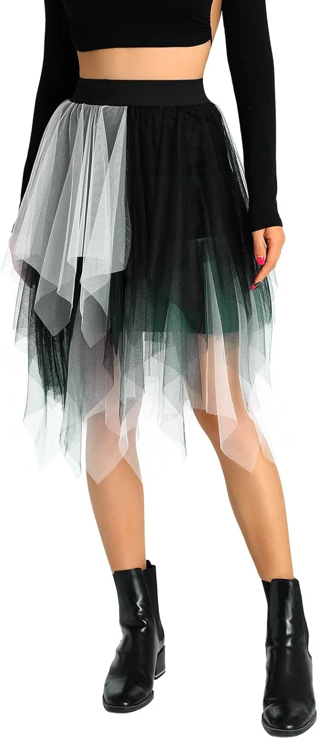 Women's Tulle Skirts Asymmetrical Pleated Tutu Midi Skirt Casual Cocktail Party High Elastic Waist Halloween Skirts