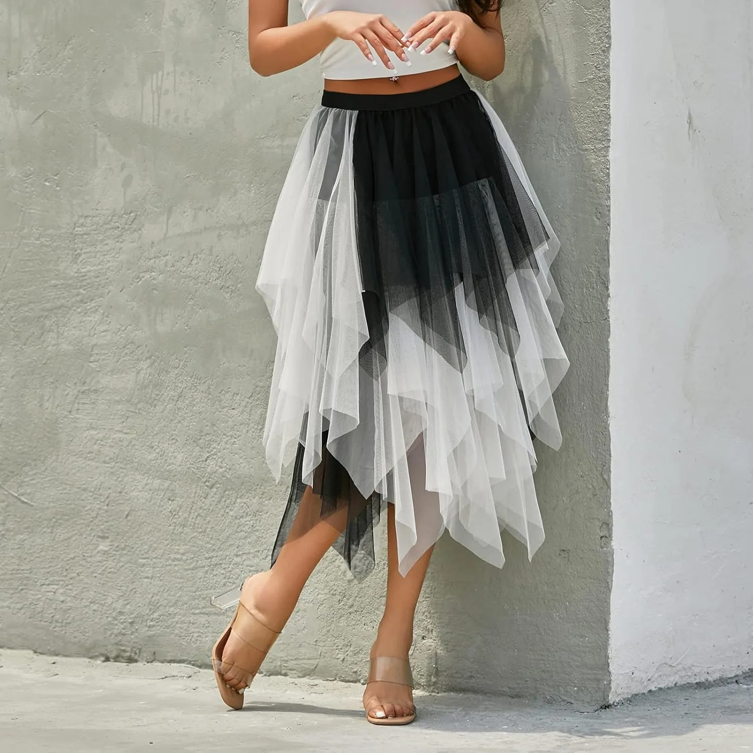 Women's Tulle Skirts Asymmetrical Pleated Tutu Midi Skirt Casual Cocktail Party High Elastic Waist Halloween Skirts