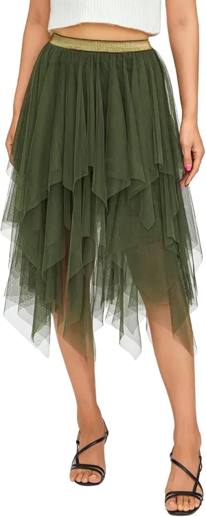 Women's Tulle Skirts Asymmetrical Pleated Tutu Midi Skirt Casual Cocktail Party High Elastic Waist Halloween Skirts