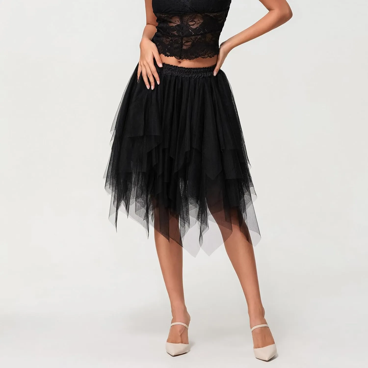 Women's Tulle Skirts Asymmetrical Pleated Tutu Midi Skirt Casual Cocktail Party High Elastic Waist Halloween Skirts