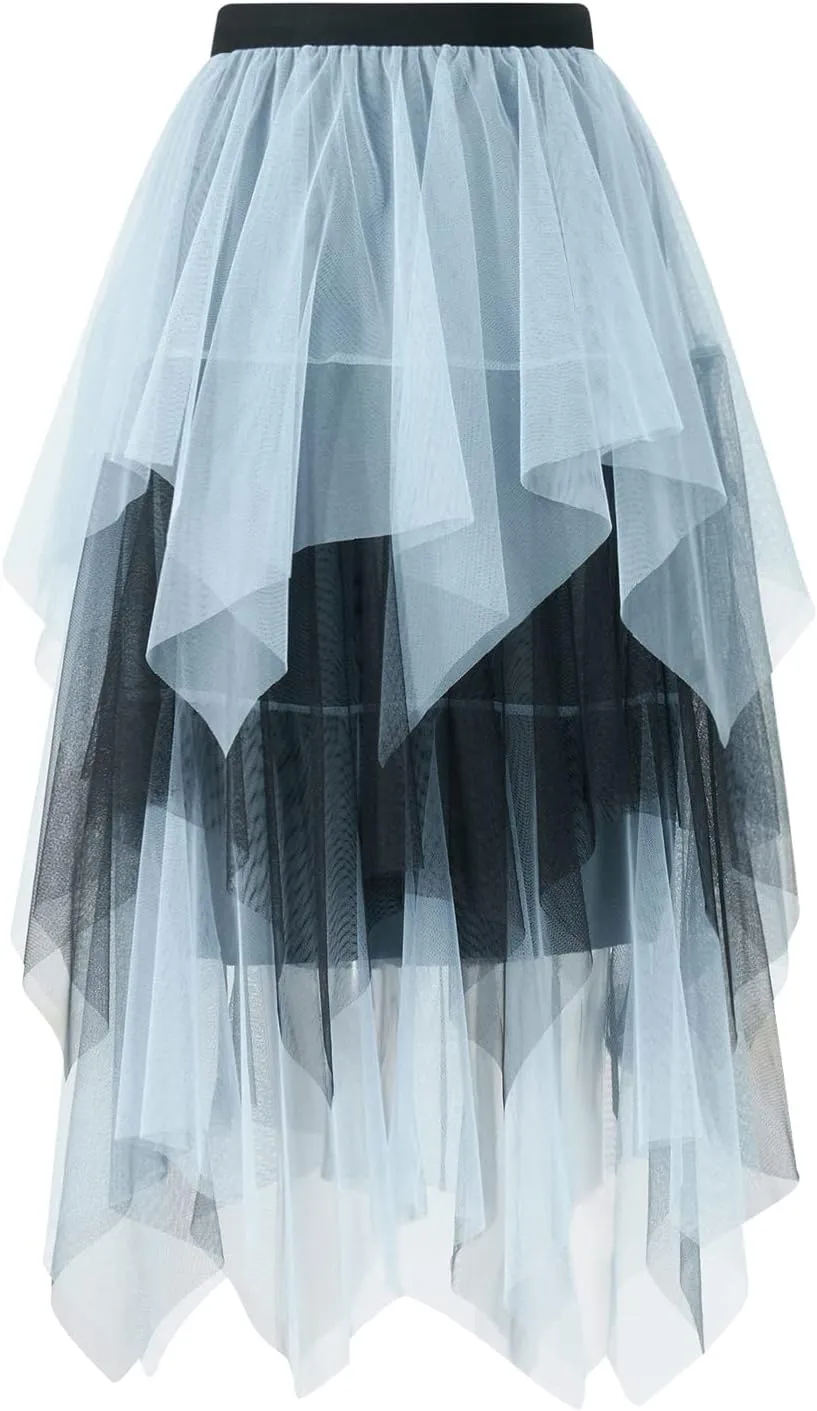 Women's Tulle Skirts Asymmetrical Pleated Tutu Midi Skirt Casual Cocktail Party High Elastic Waist Halloween Skirts