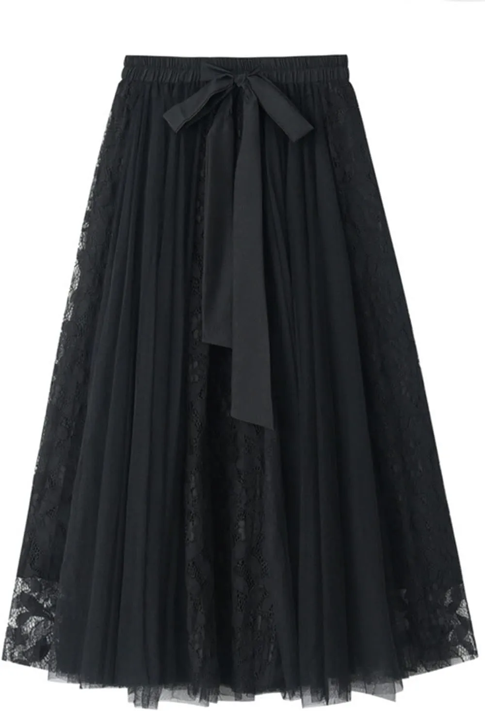 Women's Tutu Mesh Skirt Pleated Elastic Waist Layered A-Line Tulle Midi Skirt Ruffle Swing Tiered Petticoat Skirt