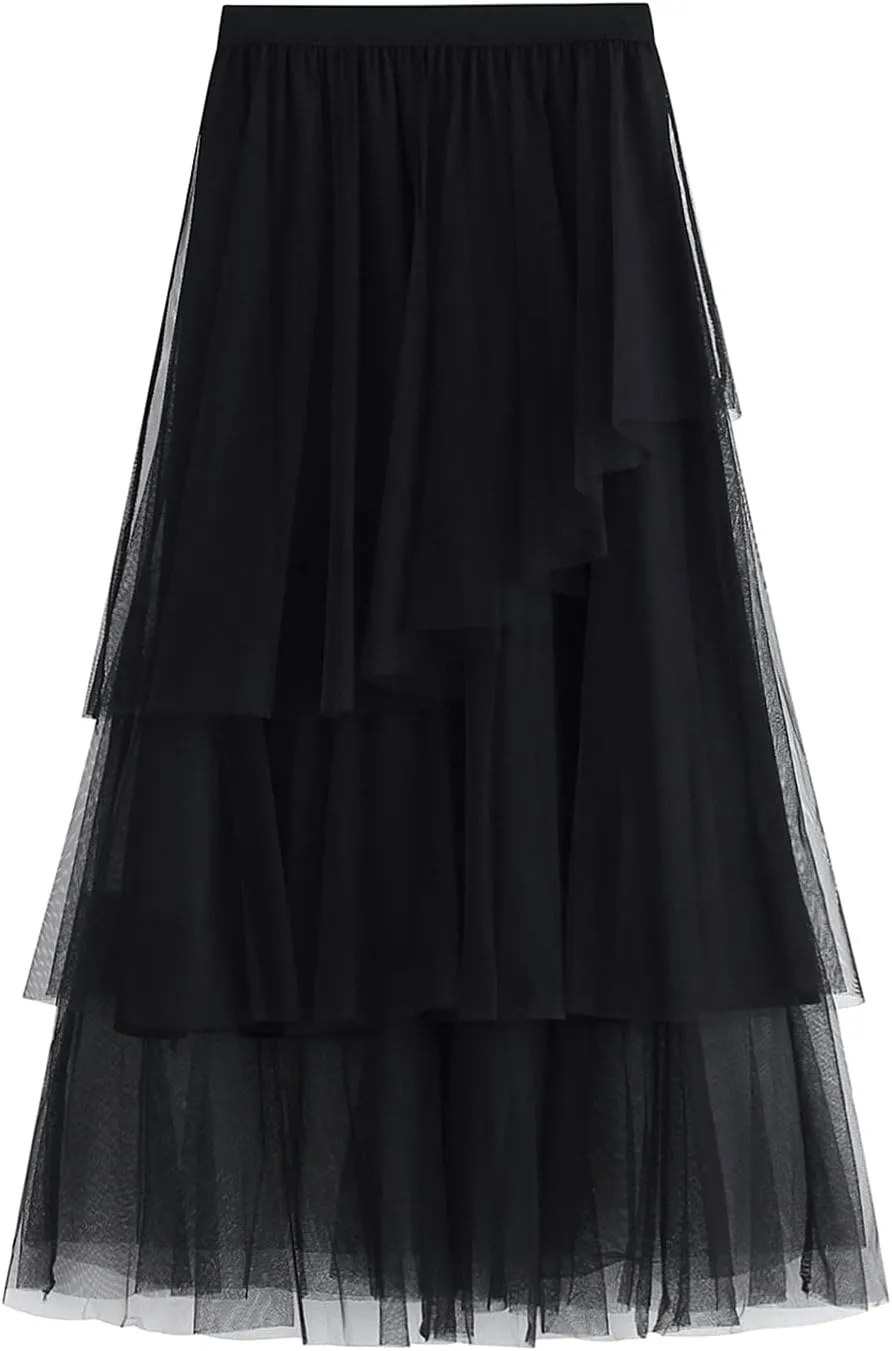 Women's Tutu Mesh Skirt Pleated Elastic Waist Layered A-Line Tulle Midi Skirt Ruffle Swing Tiered Petticoat Skirt