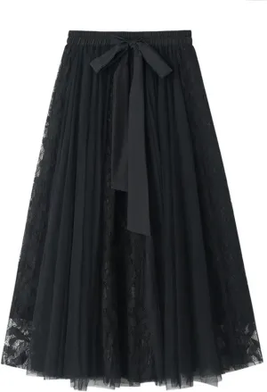 Women's Tutu Mesh Skirt Pleated Elastic Waist Layered A-Line Tulle Midi Skirt Ruffle Swing Tiered Petticoat Skirt