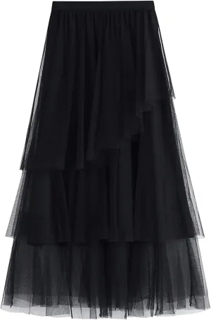 Women's Tutu Mesh Skirt Pleated Elastic Waist Layered A-Line Tulle Midi Skirt Ruffle Swing Tiered Petticoat Skirt