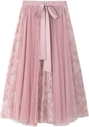 Women's Tutu Mesh Skirt Pleated Elastic Waist Layered A-Line Tulle Midi Skirt Ruffle Swing Tiered Petticoat Skirt